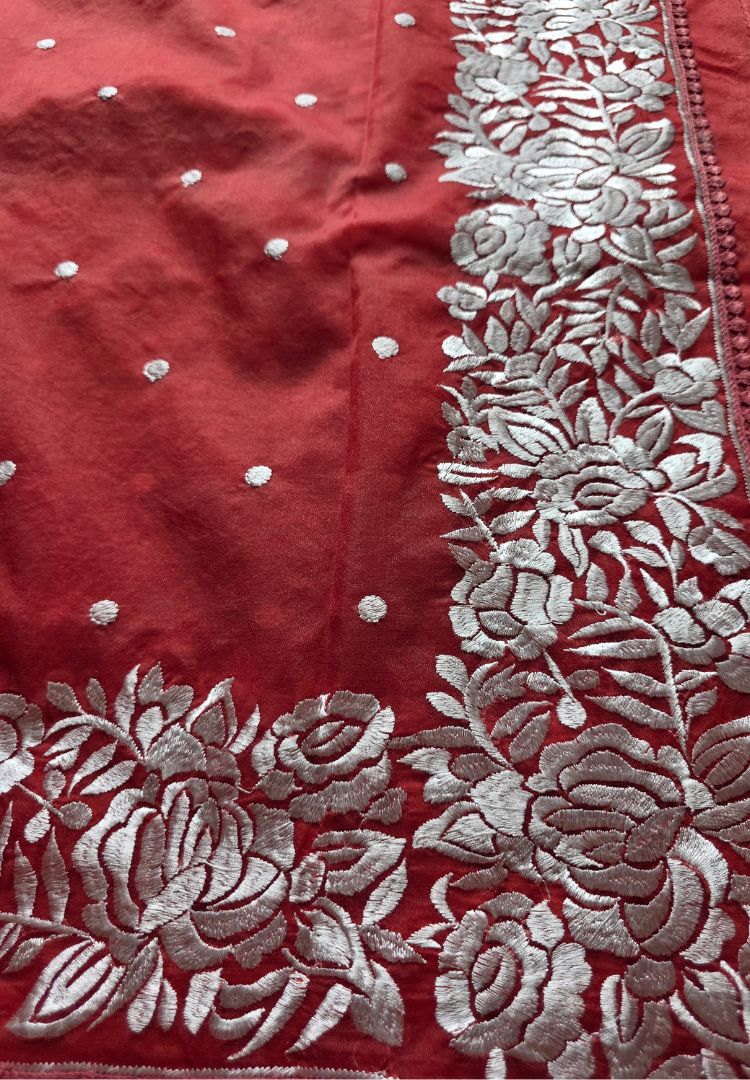 Brick Red Banarasi organza embroidered saree