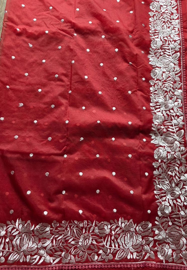 Brick Red Banarasi organza embroidered saree