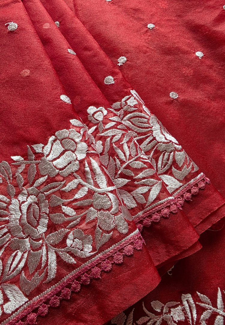 Brick Red Banarasi organza embroidered saree