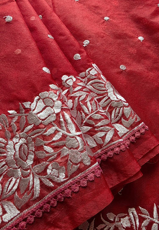 Brick Red Banarasi organza embroidered saree