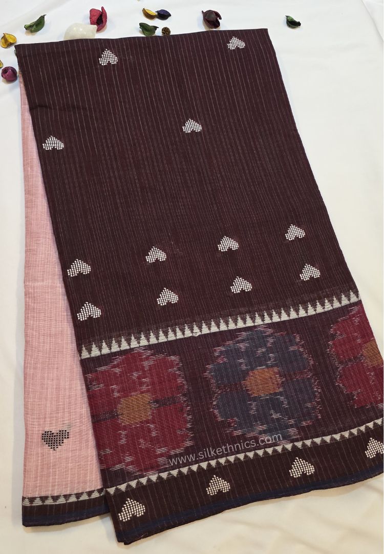 Brown and Pink Dhaniakhali Bengal Handloom Ikkat Cotton saree