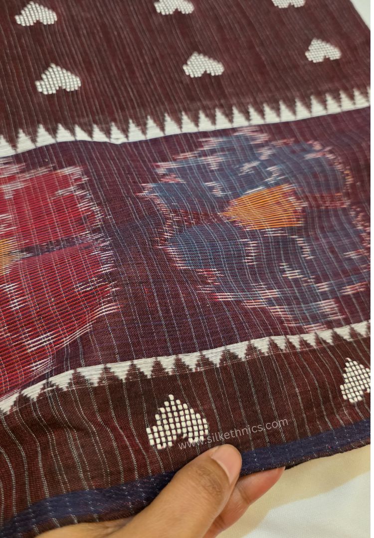 Brown and Pink Dhaniakhali Bengal Handloom Ikkat Cotton saree
