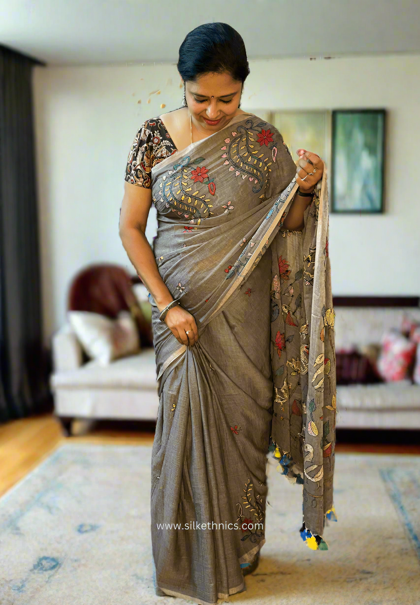 Cedar brown embridered mulcotton saree