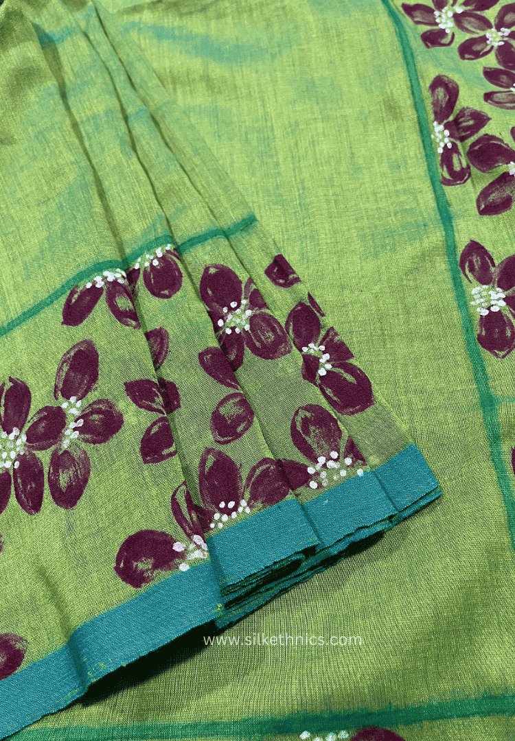 Lime green floral handpainted saree