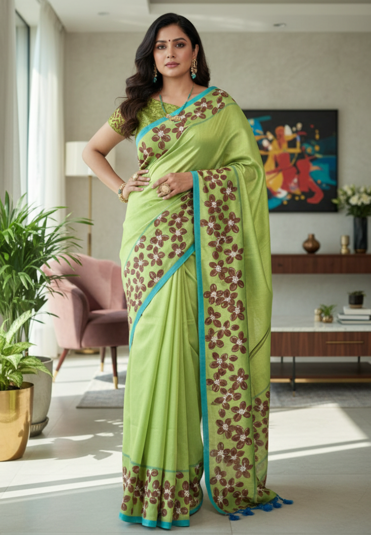 Lime green floral handpainted saree