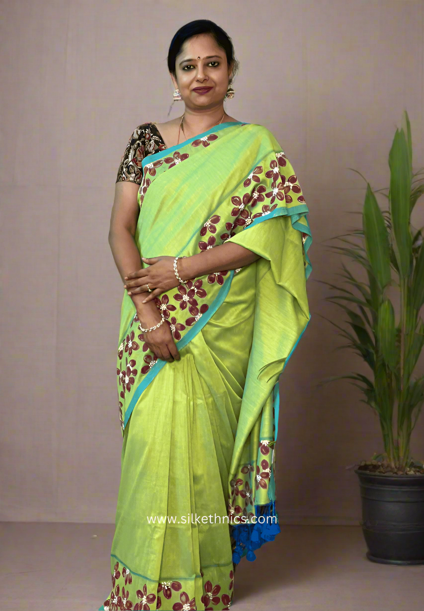Lime green floral handpainted saree