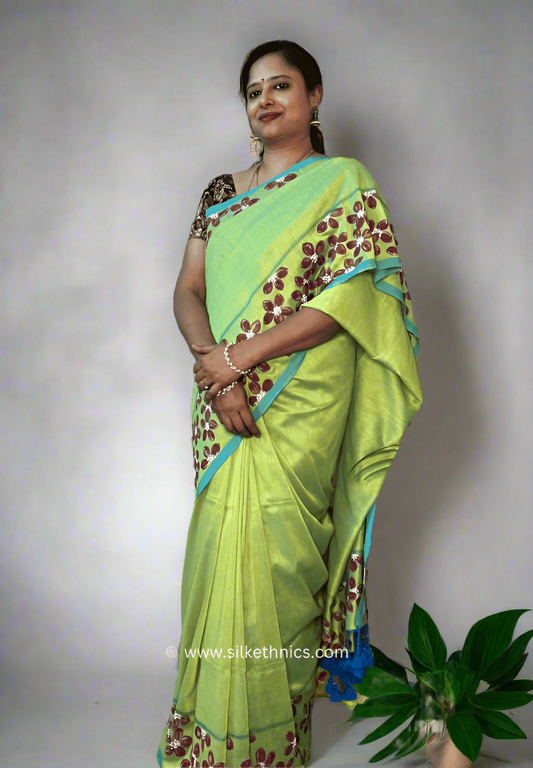 Lime green floral handpainted saree