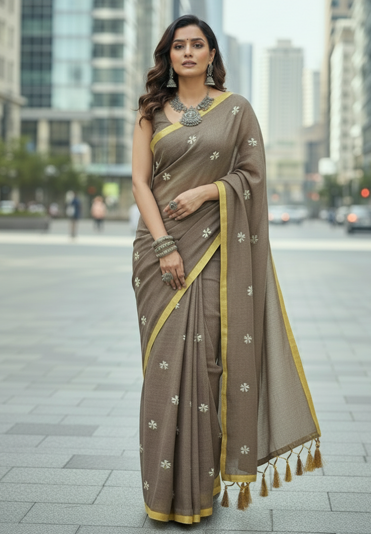 Beige Rangreet embroidered mul cotton saree
