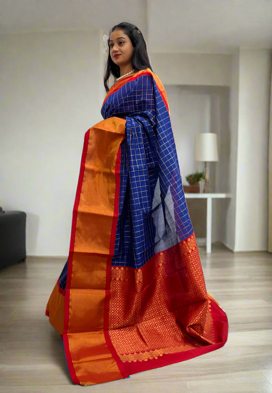 Royal blue and red Chanderi Silk Saree