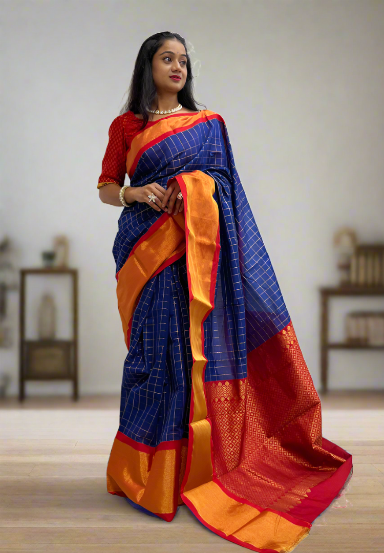 Royal blue and red Chanderi Silk Saree