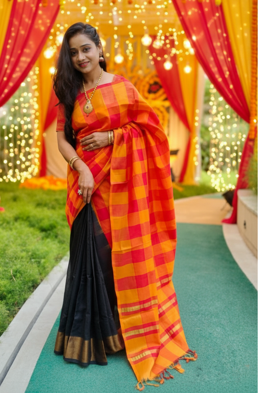 Classic black with orange Tripurasilk saree