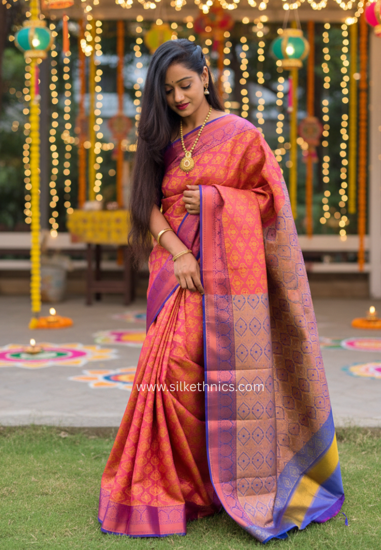 Dark pink Meena Copper zari saree