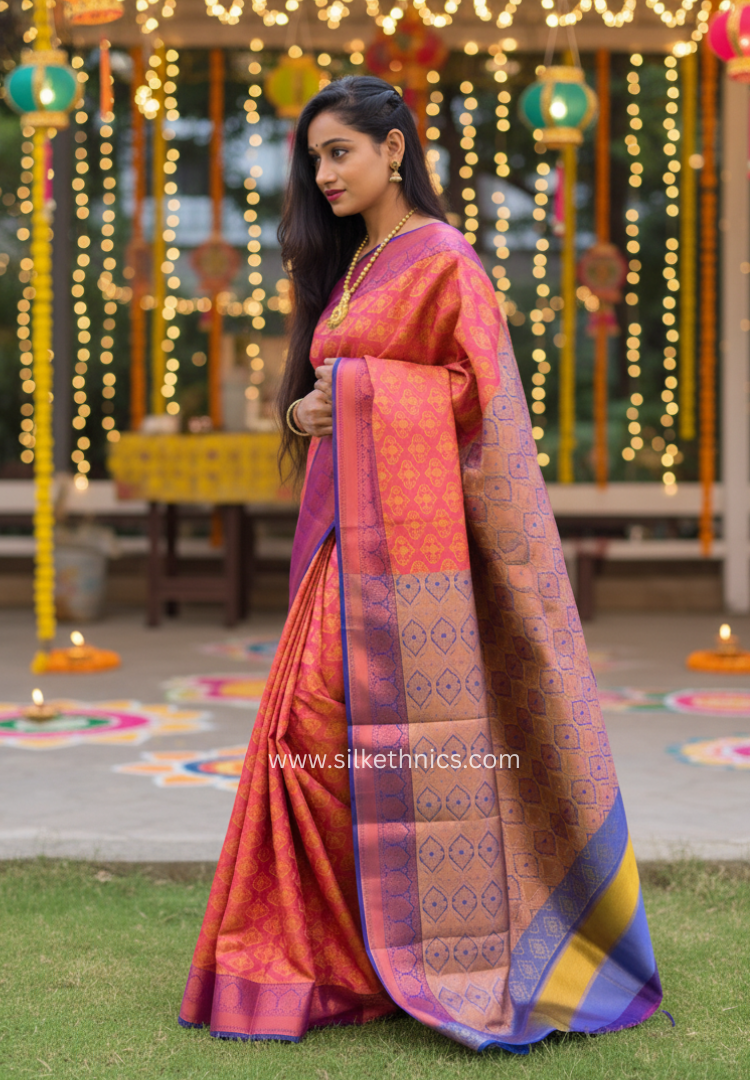 Dark pink Meena Copper zari saree