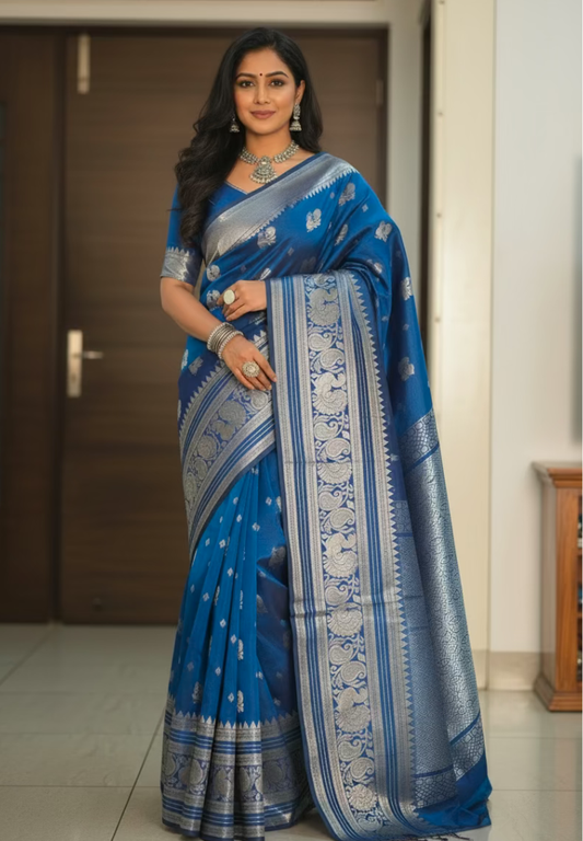 Cobalt Blue pure Mangalagiri silk saree | Alekya Collection