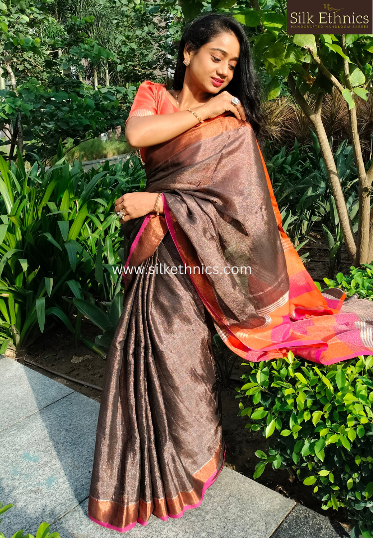 Metallic bronze tissue linen saree