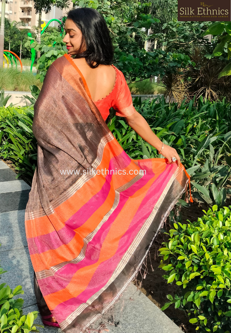 Metallic bronze tissue linen saree