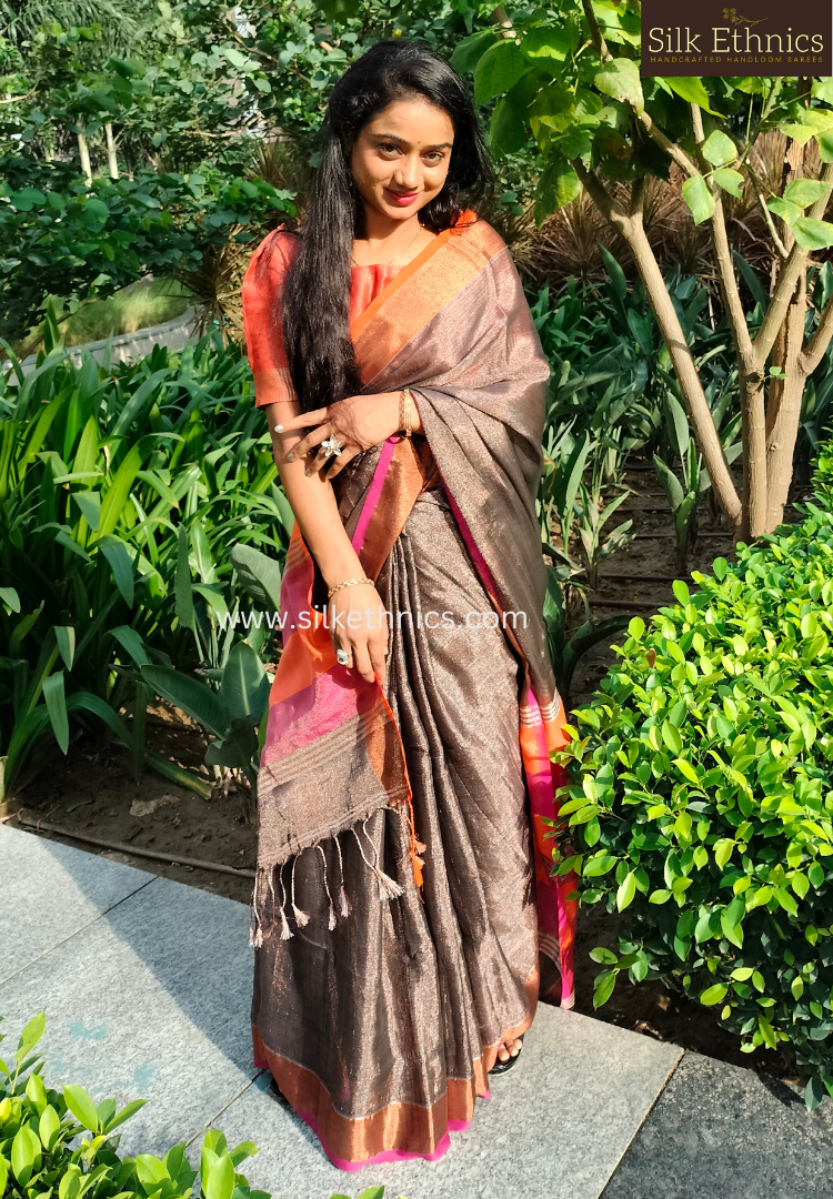 Metallic bronze tissue linen saree