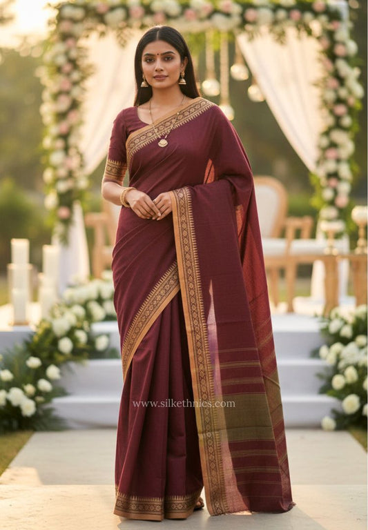 Dark maroon Dhaniakhali Handloom Cotton saree