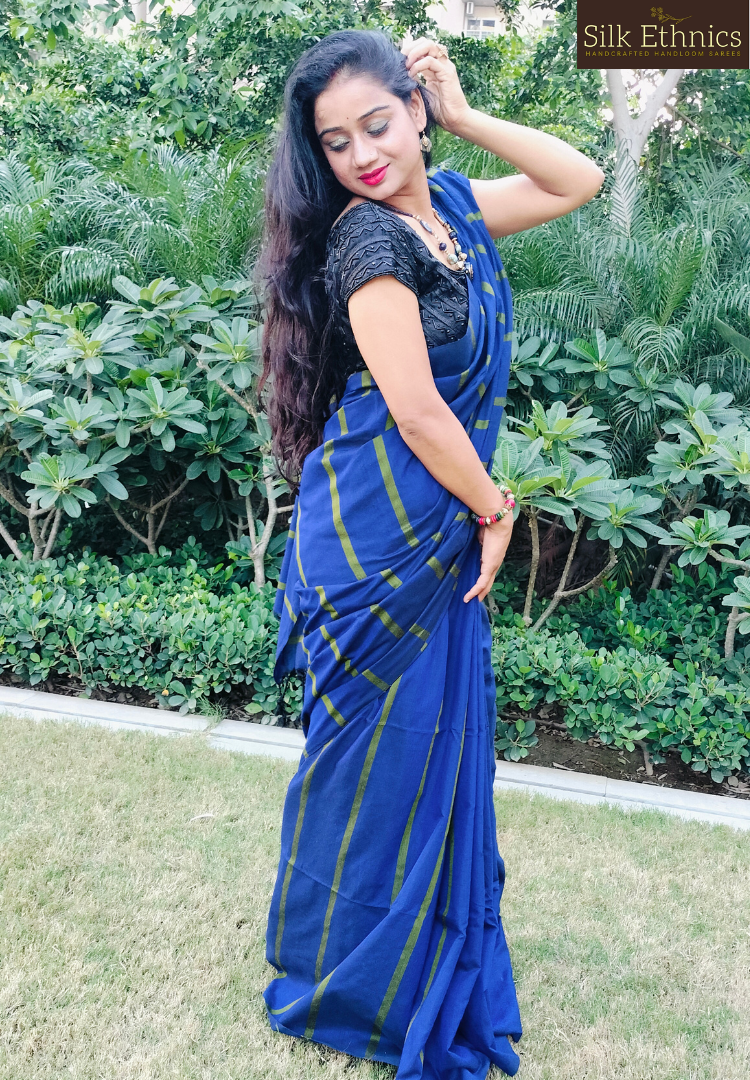 Cobalt blue and green striped pure Khadi saree