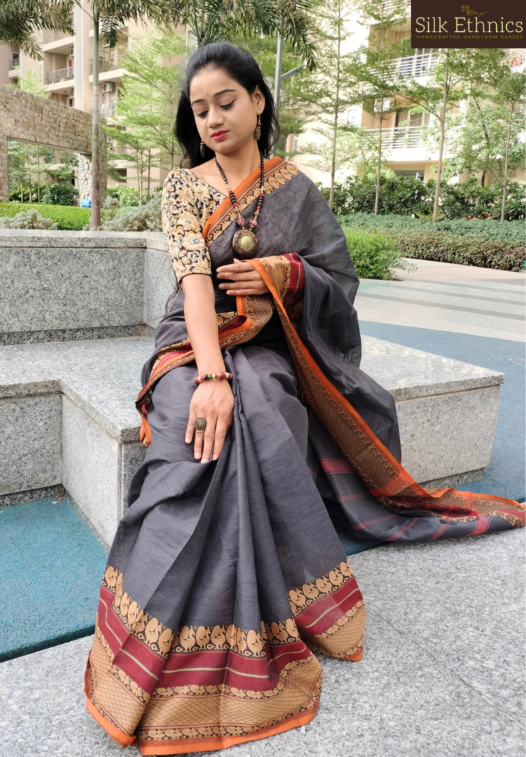 Lead grey Mangalagiri pure handloom saree