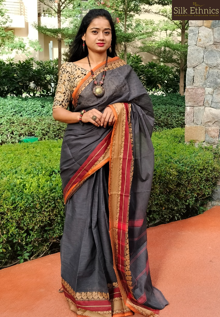 Lead grey Mangalagiri pure handloom saree