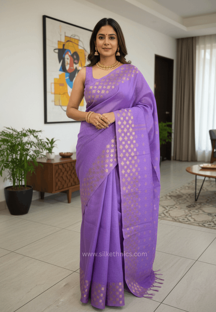 Dark lavender Kota Linen Silk cutwork saree