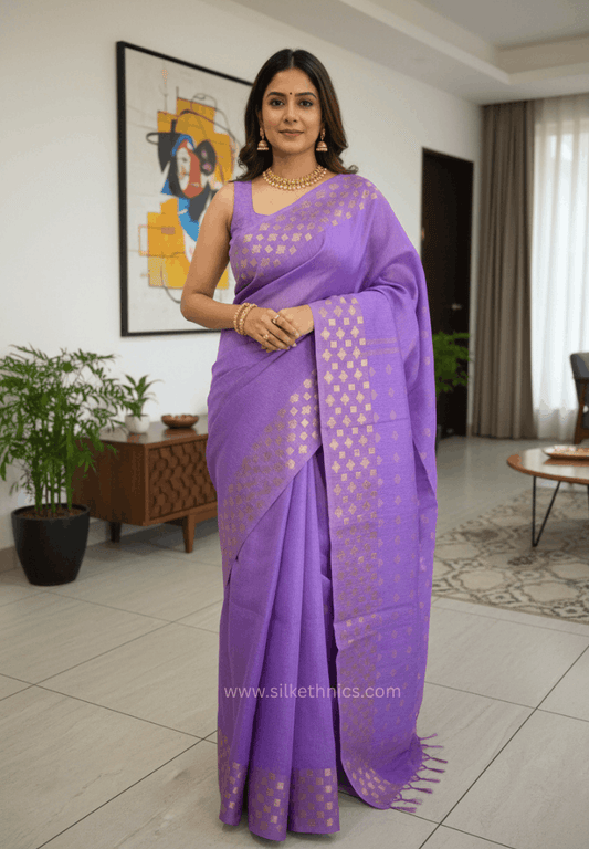 Dark lavender Kota Linen Silk cutwork saree