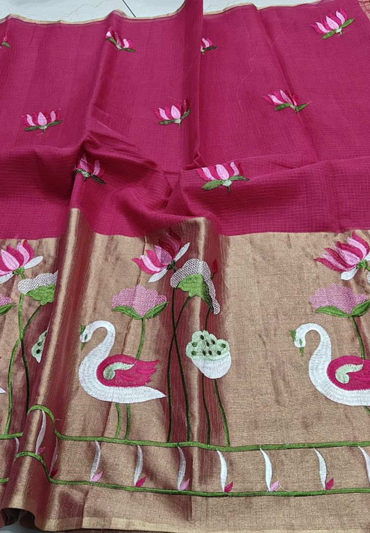 Fuchsia pink Kota saree with gold zari pallu embroidered with swan and lotus motifs