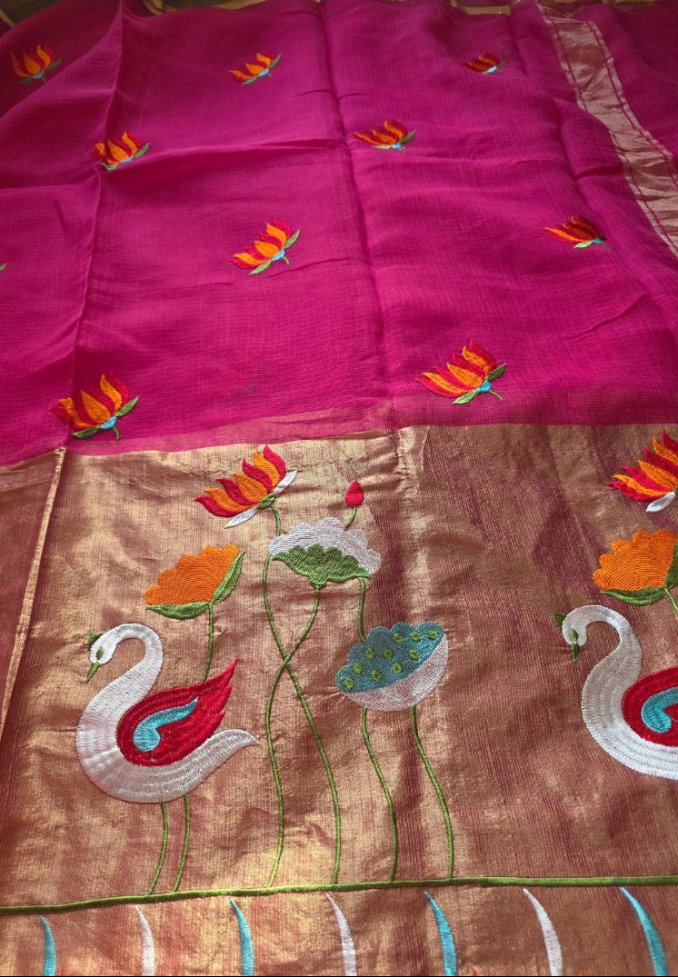 Gold zari pallu with colourful swan embroidery on the fuchsia pink soft Kota saree