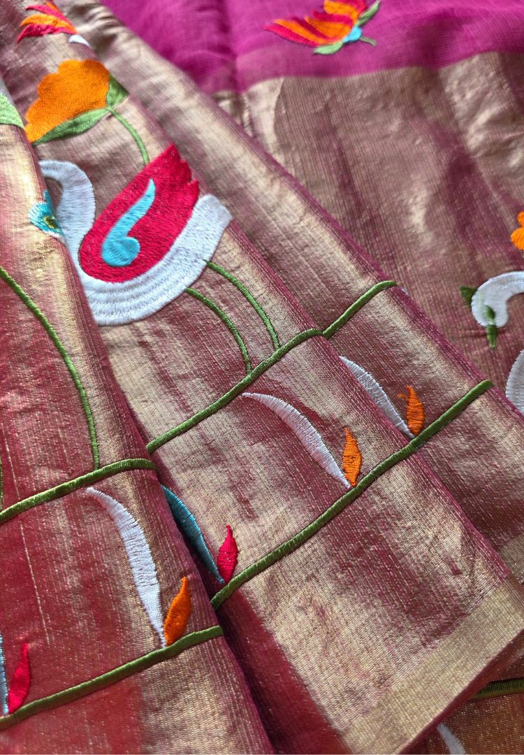 Close-up of embroidered swan and lotus motifs on gold zari, Kota saree