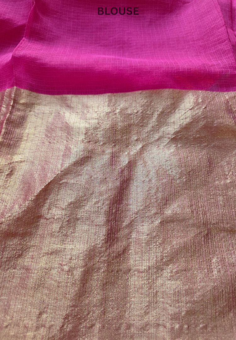 Gold zari border and fuchsia pink body of the soft Kota designer saree
