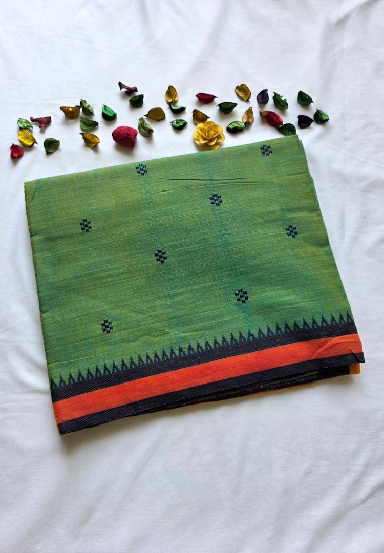 Rich Emerald green Dhaniakhali handloom cotton saree