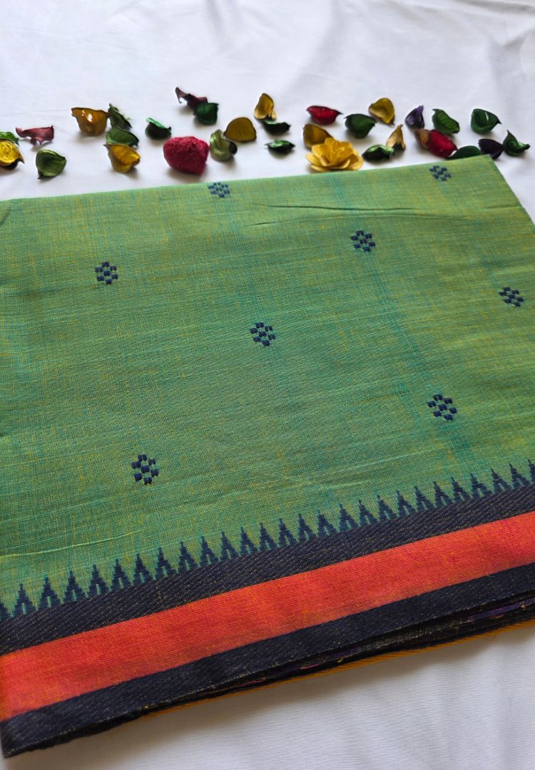 Rich Emerald green Dhaniakhali handloom cotton saree
