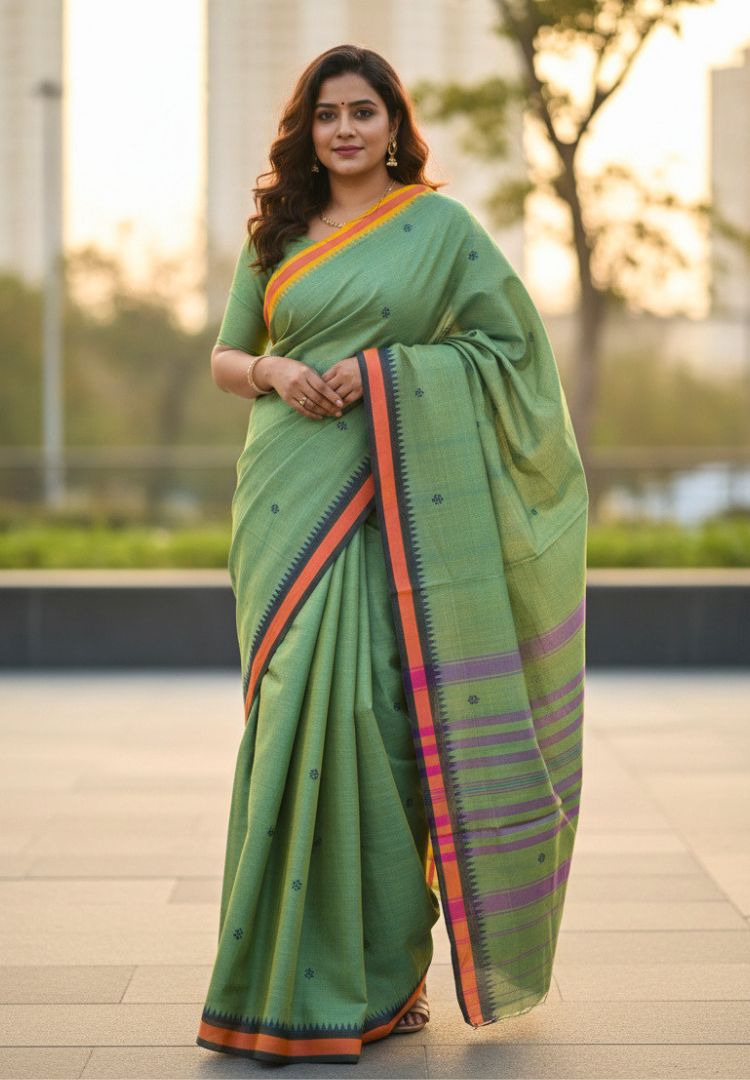 Rich Emerald green Dhaniakhali handloom cotton saree