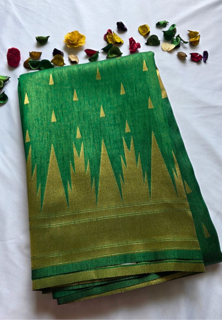 Folded Forest Green Banarasi silk saree with gold zari temple border