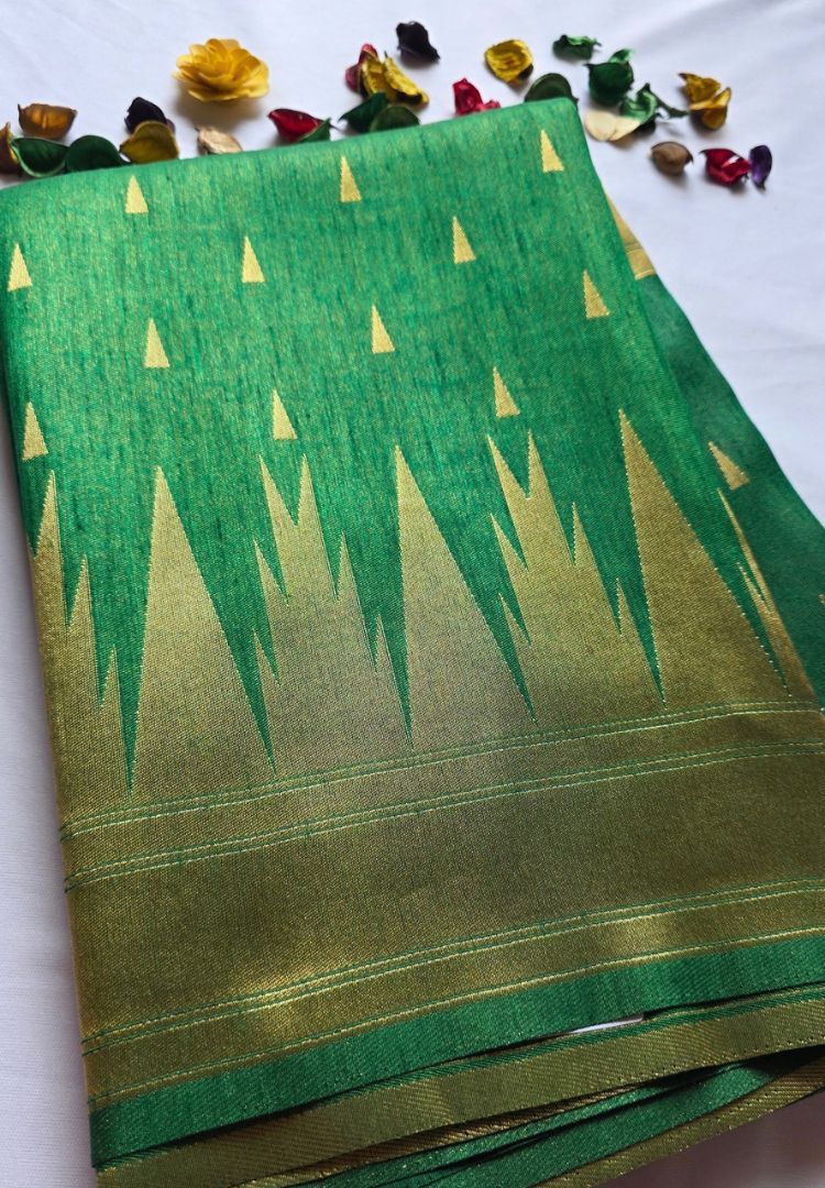 Zari temple border and butis on the green Banarasi soft silk saree