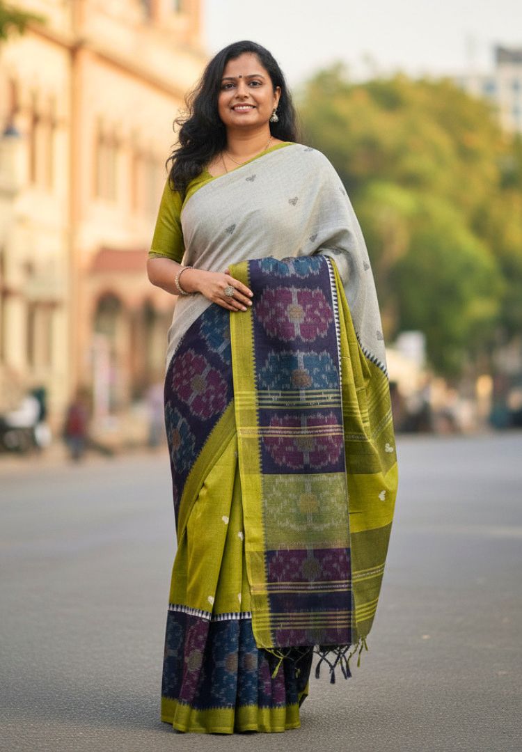 Fern Green Dhaniakhali Handloom Ikkat Cotton saree (pre-order)