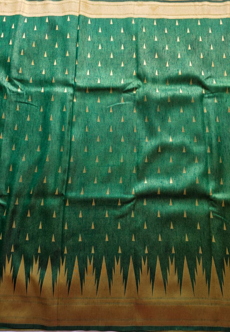 Deep forest green Banarasi soft silk body with zari temple motifs