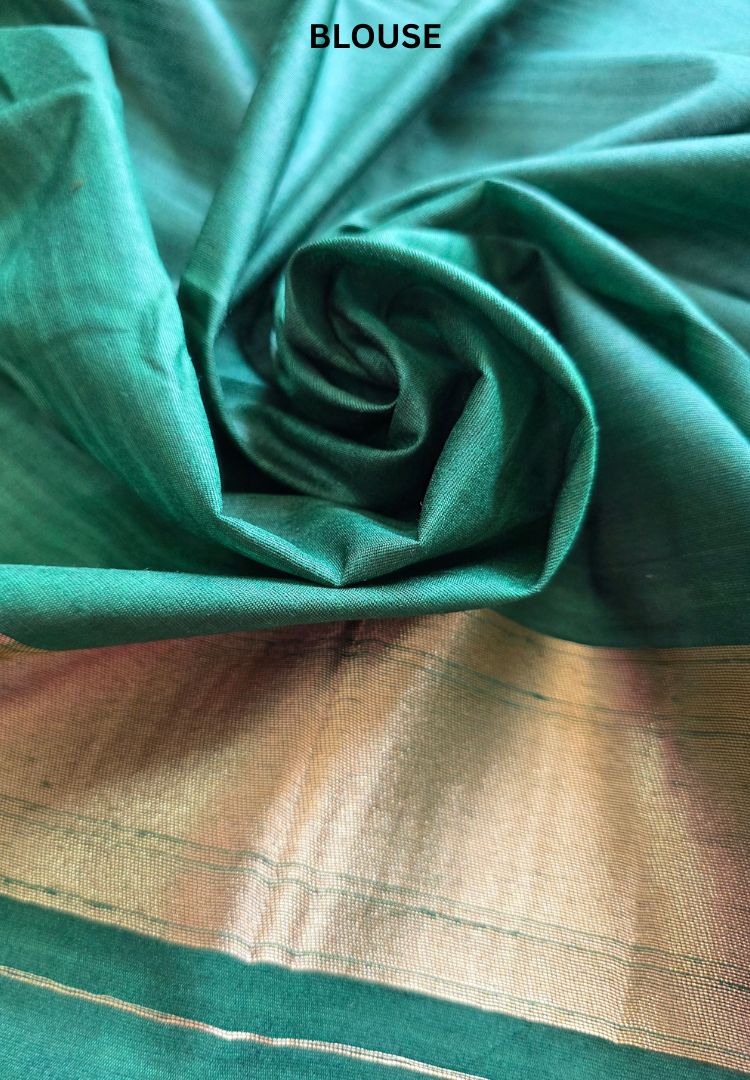 Green blouse piece with gold zari border, Forest Green Banarasi soft silk saree
