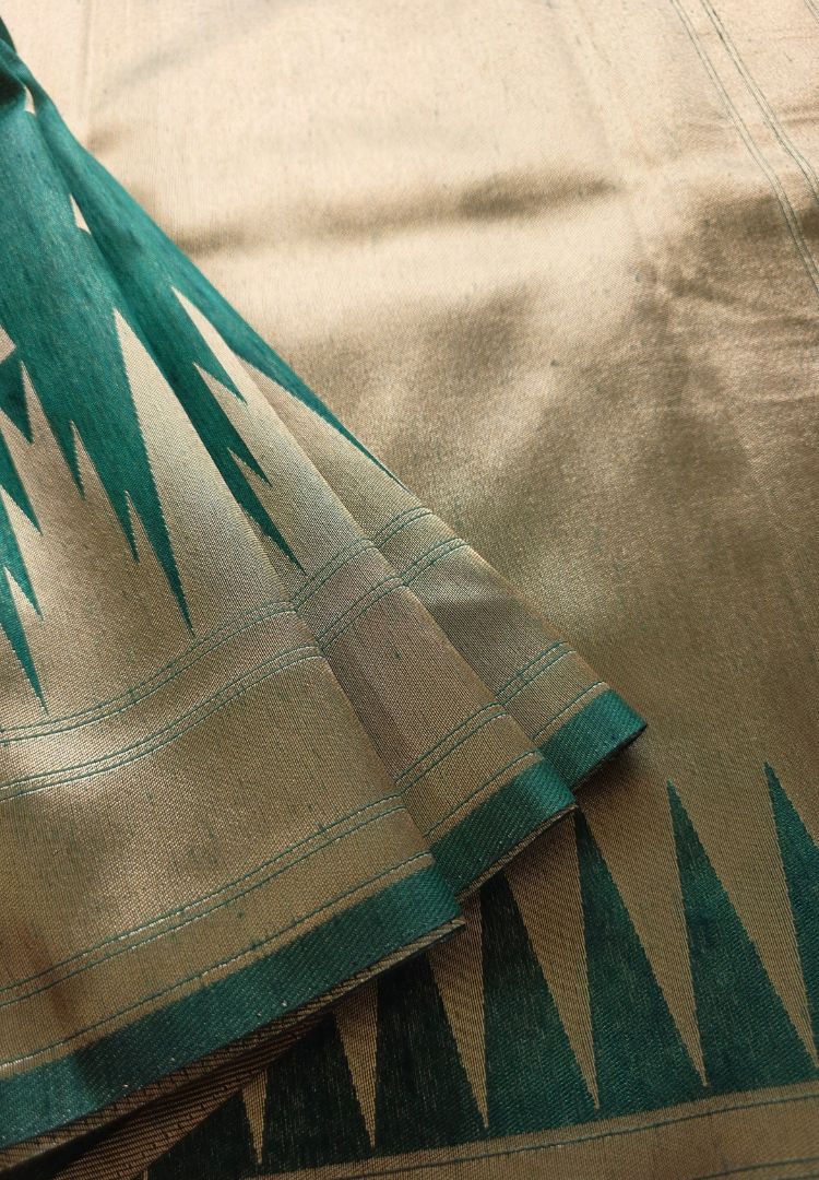 Gold zari temple border on forest green Banarasi soft silk saree
