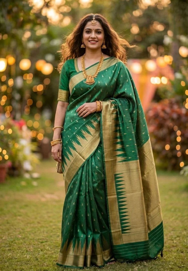 Woman wearing the Forest Green and Gold Banarasi soft silk temple border saree - Silk Ethnics