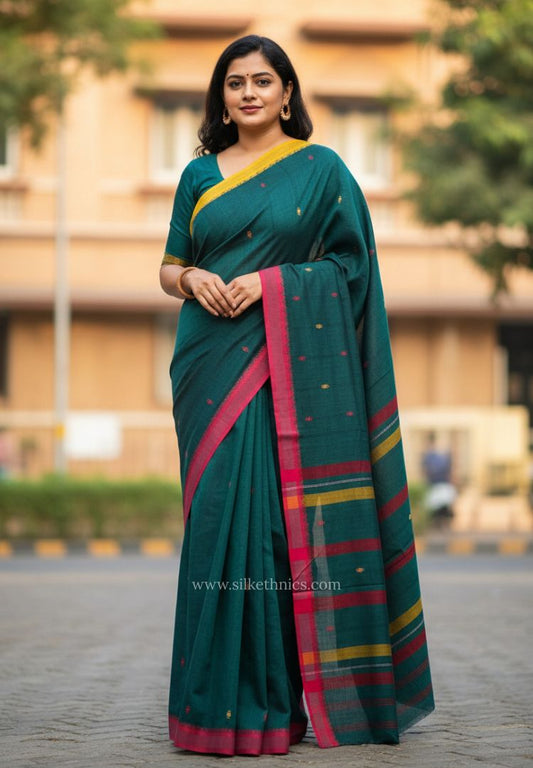 Forest Green Dhaniakhali Handloom Cotton saree