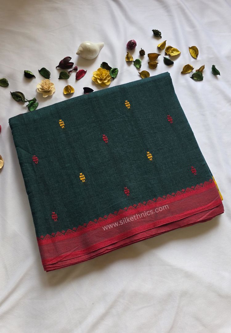 Forest Green Dhaniakhali Handloom Cotton saree