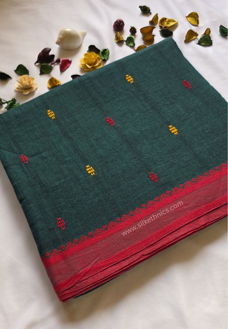 Forest Green Dhaniakhali Handloom Cotton saree