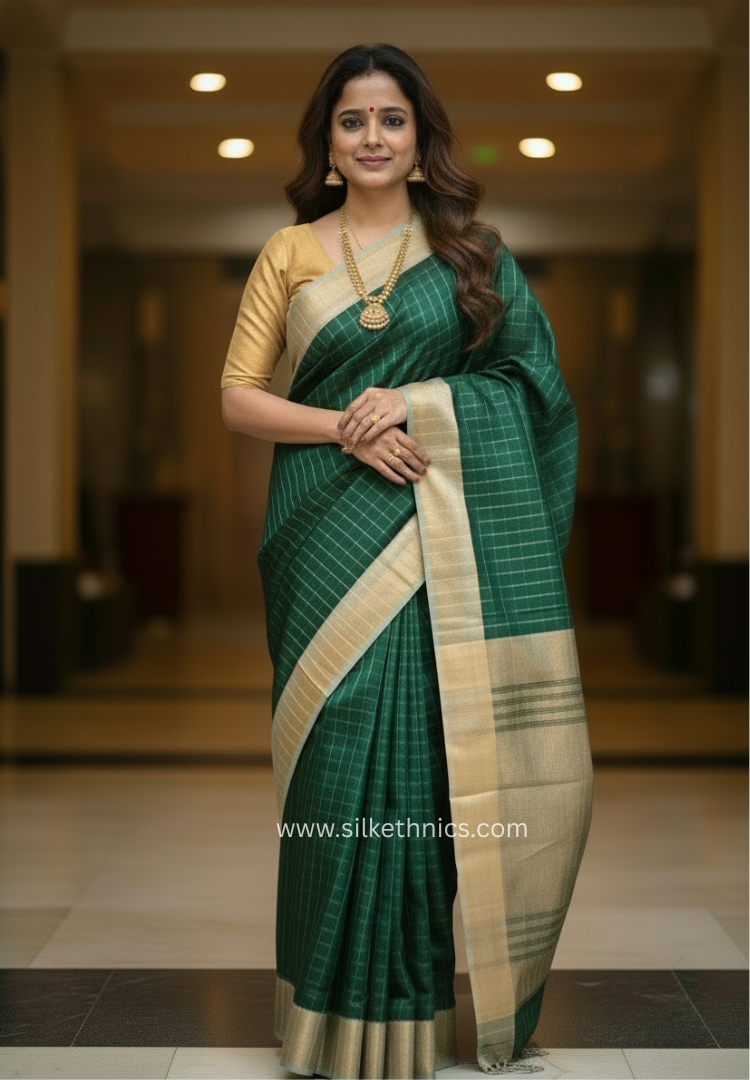 Forest Greeen Maheshwari Pure Handloom Silk saree