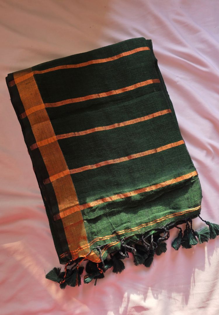 Forest Green Meera Linen handloom saree, photo 2 of 6