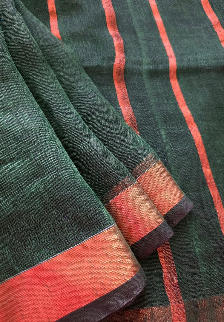 Forest Green Meera Linen handloom saree, photo 3 of 6