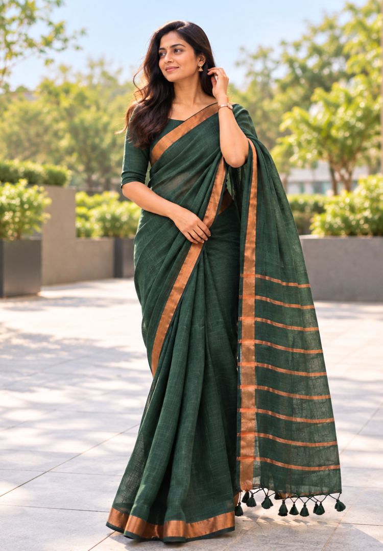 Forest Green Meera Linen handloom saree by Silk Ethnics
