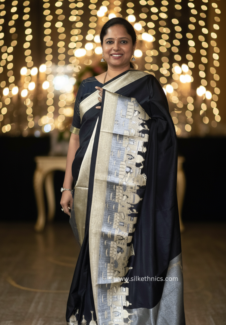 Majestic black Gangaghat Banarasi saree