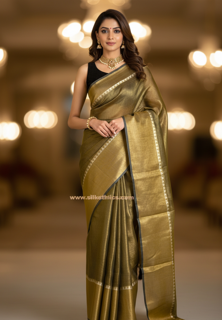 Copper tissue handloom linen saree